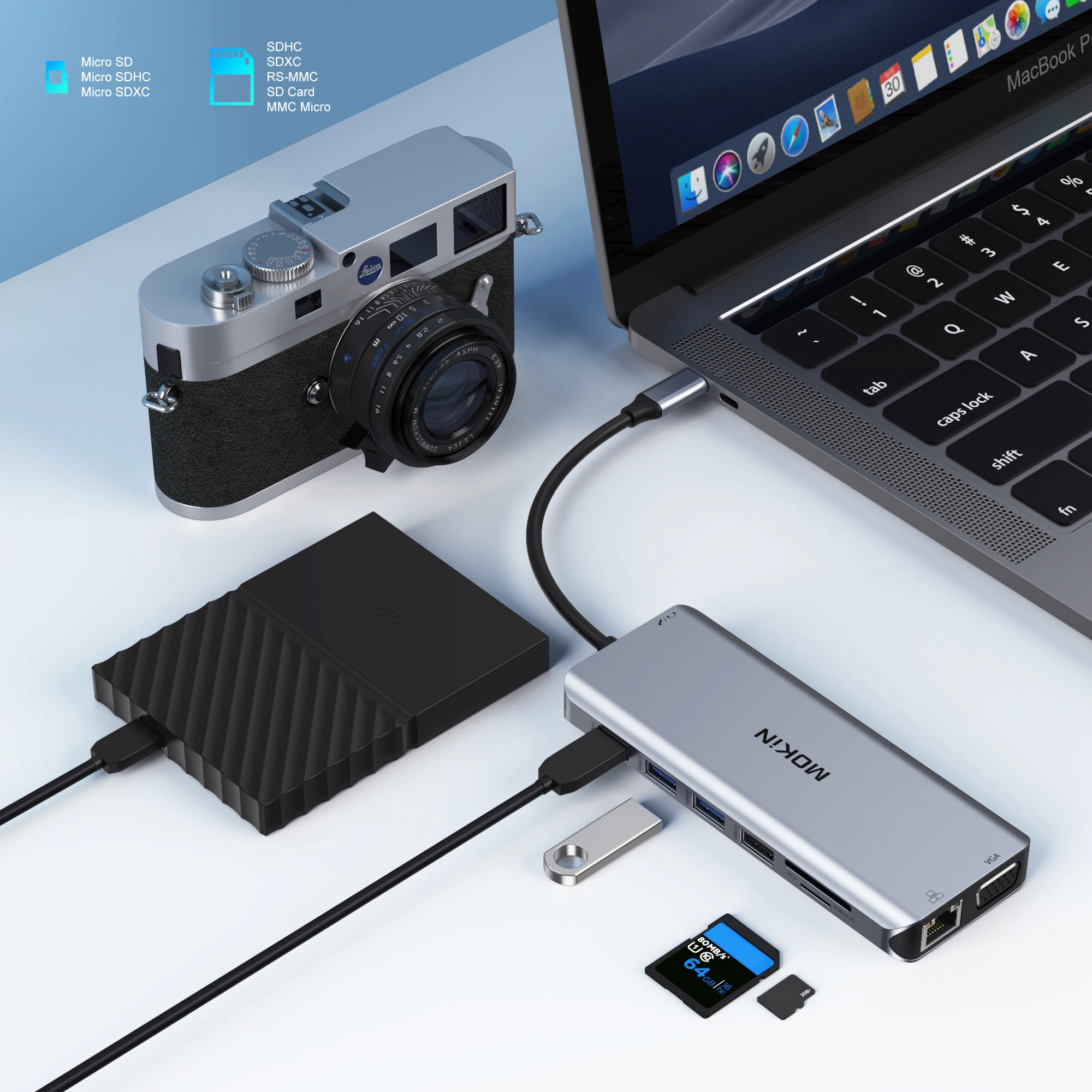 Док-станция MOKiN USB для MacBook Air Pro M1, M2, iPad, 5 Гбит/с, USB 100, 4K, 60 Гц, HDMI, PD, Вт, SD/TF, RJ45