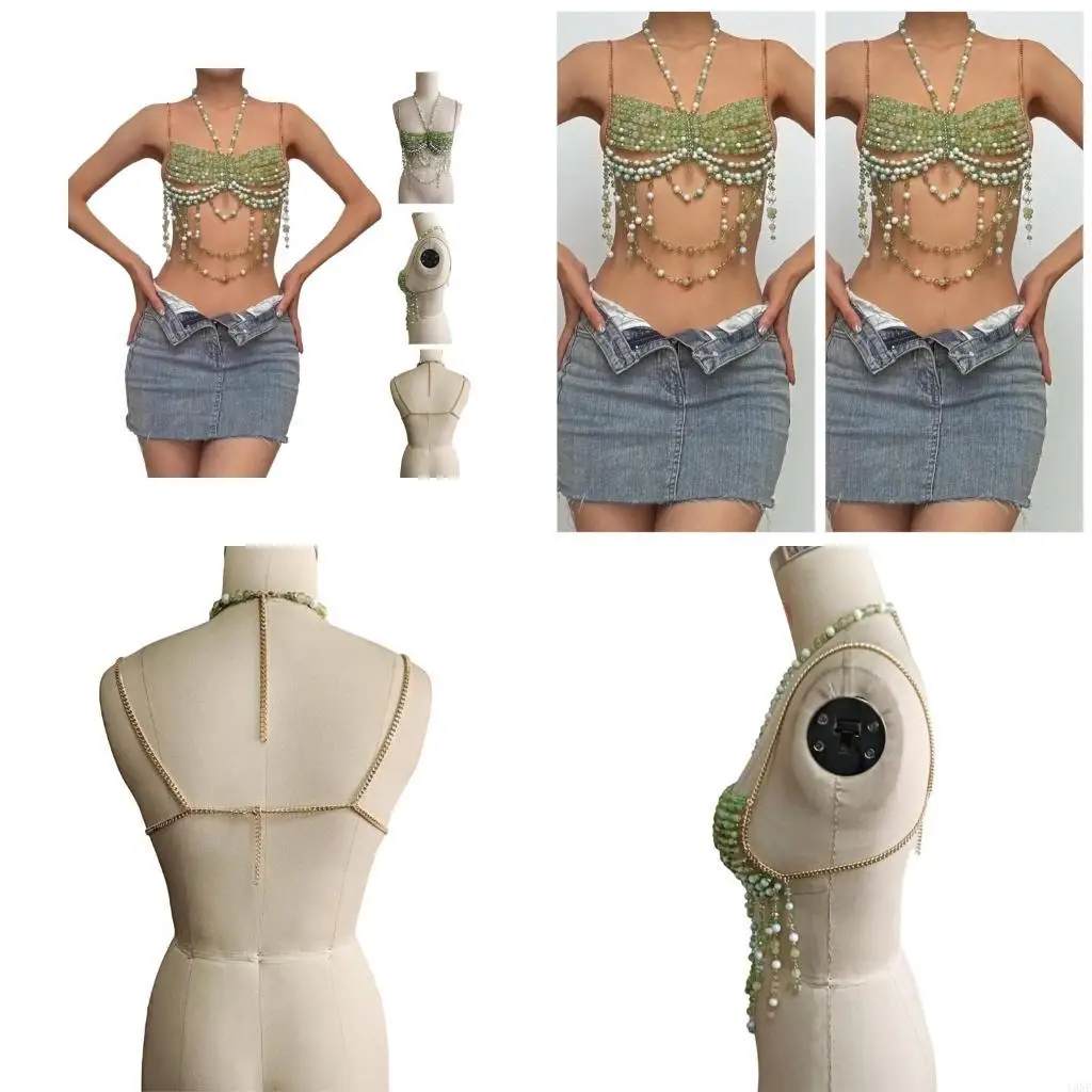 

Y3NE Fashionable Halter Neck Beaded Camisole Statement Necklace Tops Bandeau Body Chain for Festivals and Night Outs