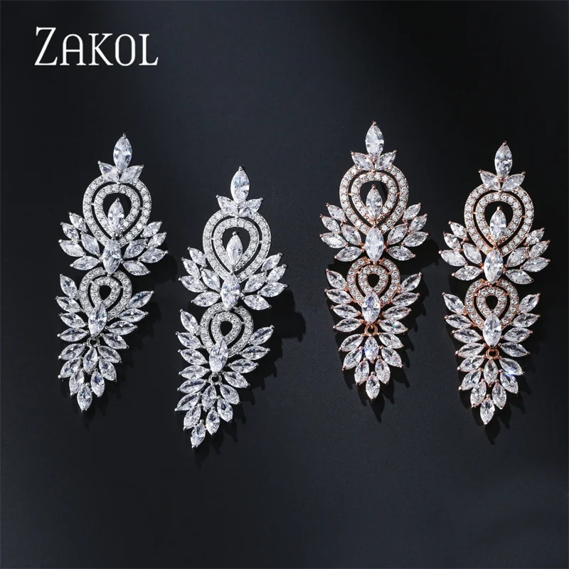 ZAKOL Luxury Leaf Bridal Earrings for Women Vintage Cubic Zirconia Dangle Earrings Shiny Sliver Color Wedding Party Jewelry