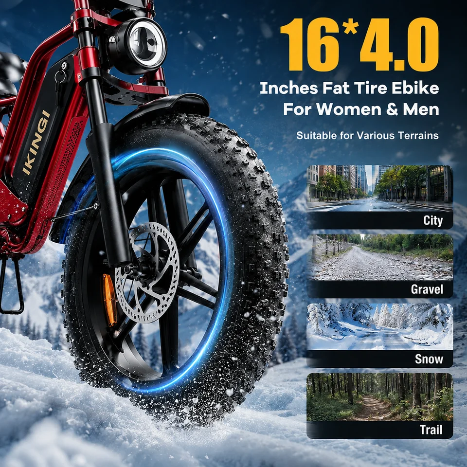 Adult Off‑Road Ebike IKINGI S5pro Full Front‑Rear Suspension 16 Inch Fat Tire 1000W Motor 25MPH Max Speed 48V15Ah Battery 7‑Speed Electric Bicycle image 4