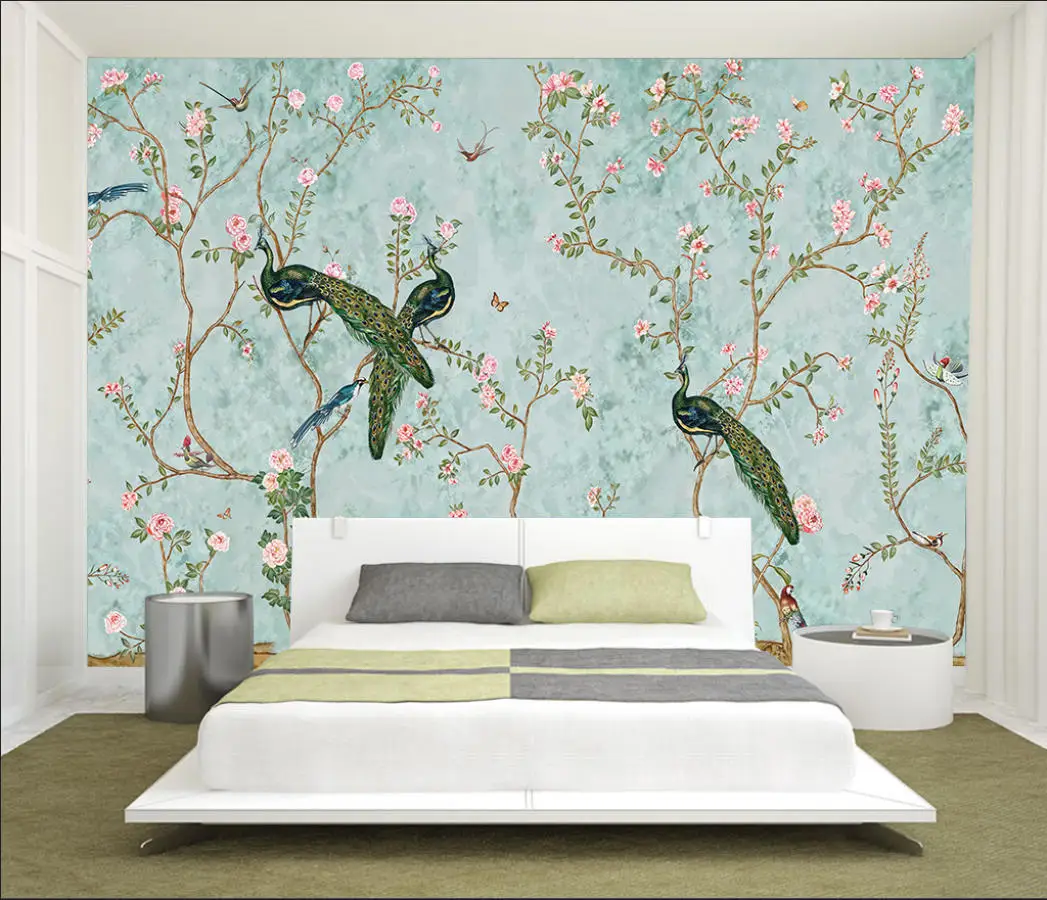 

Custom wallpaper mural Chinese modern bamboo flower and bird peacock Landscape scenery Study Room Bedroom Background wallpaper