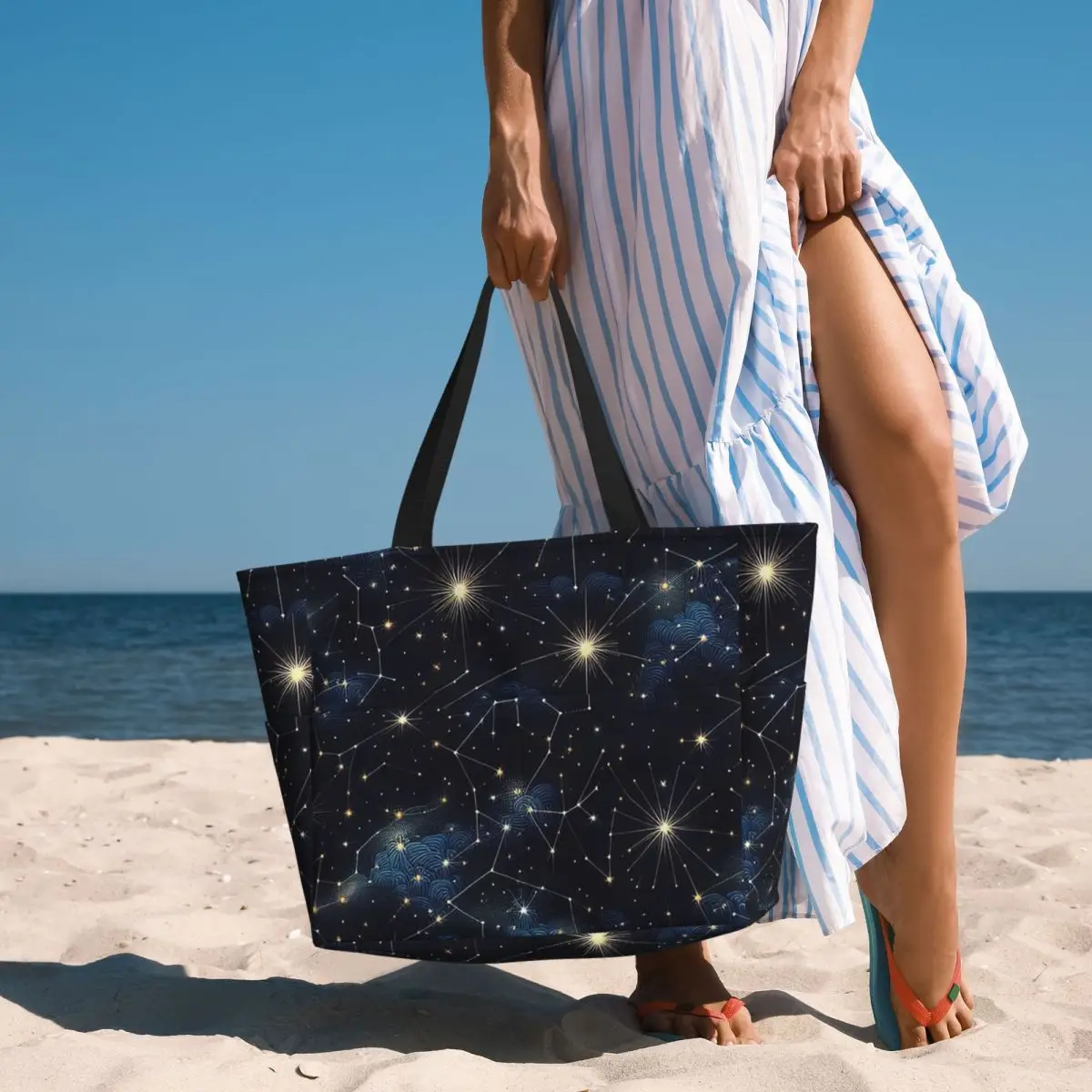 Night Sky Golden Celestial Stars Zodiac Constellations Beach Tote Bag Sport Gym Yoga Large Tote Bag Women Travel Bag Fitness bag