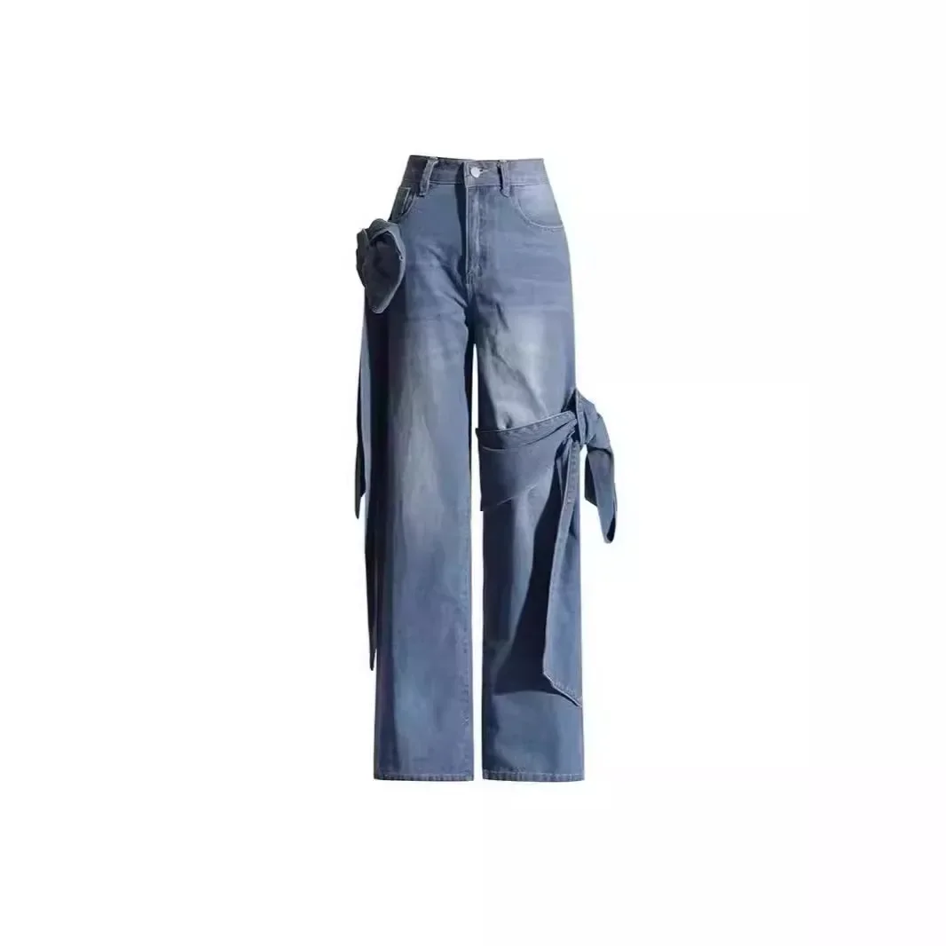 Europe and The United States New Spring Jeans Washed Make Old Patchwork Bow Wide Leg Pants Design Sense Long Jeans for Women