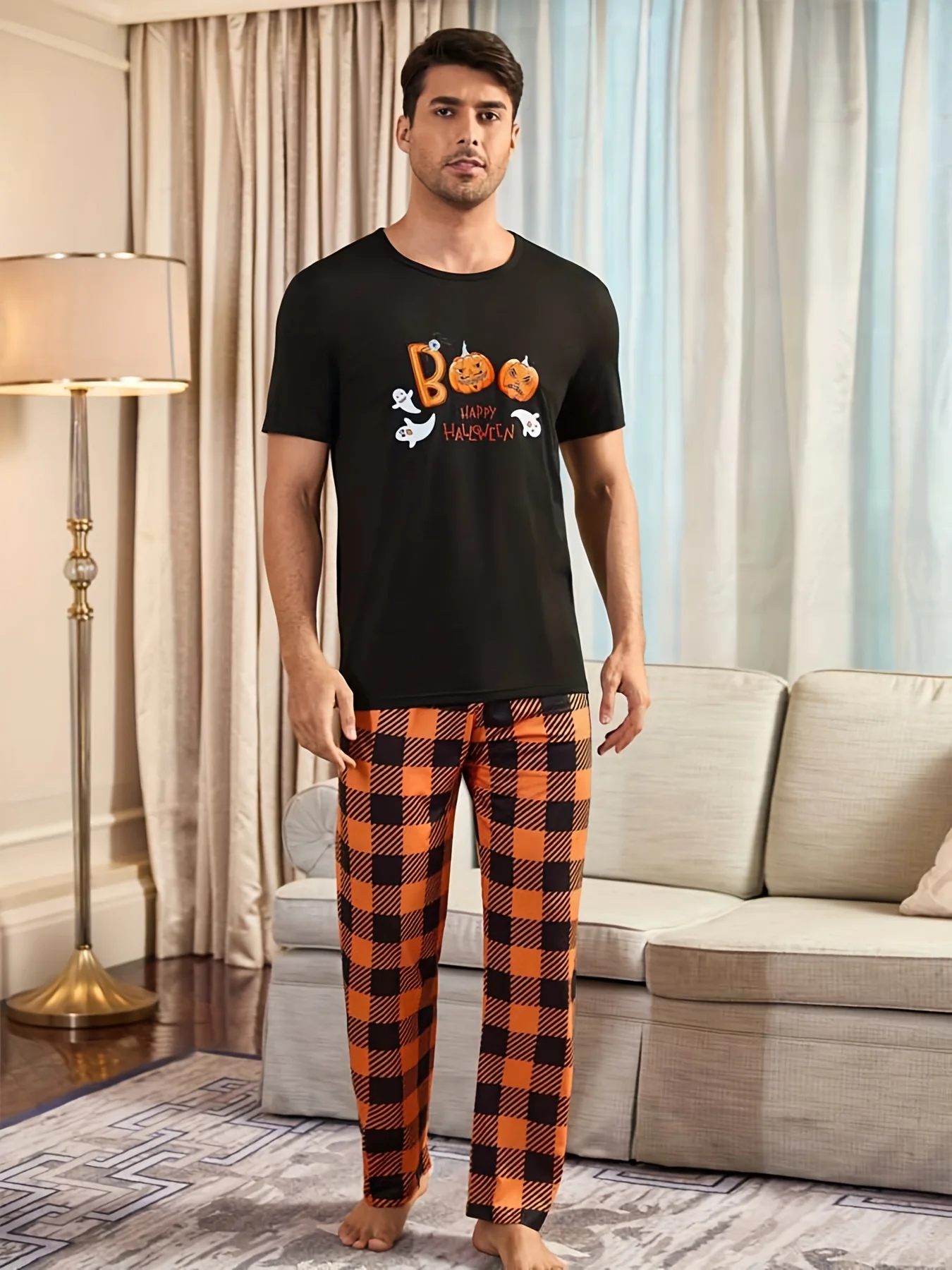 

Halloween Pumpkin and Ghost Print short-sleeved plaid pants men's pajama set
