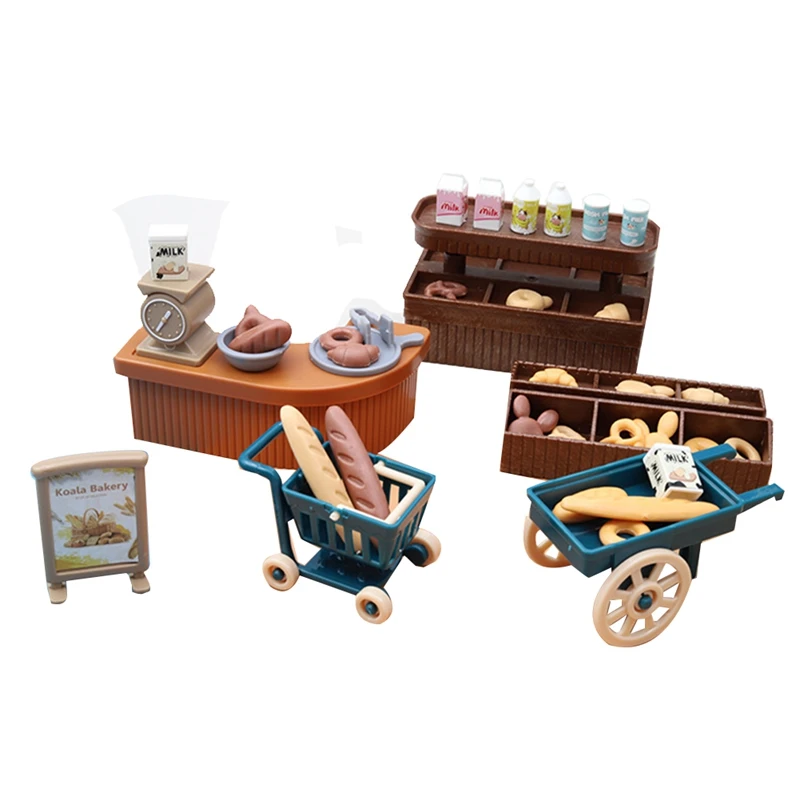 Cute Mini Bakery Decoration Simulation Shop Dollhouse Milk Bread Trolley Children Play House Toys Decoration