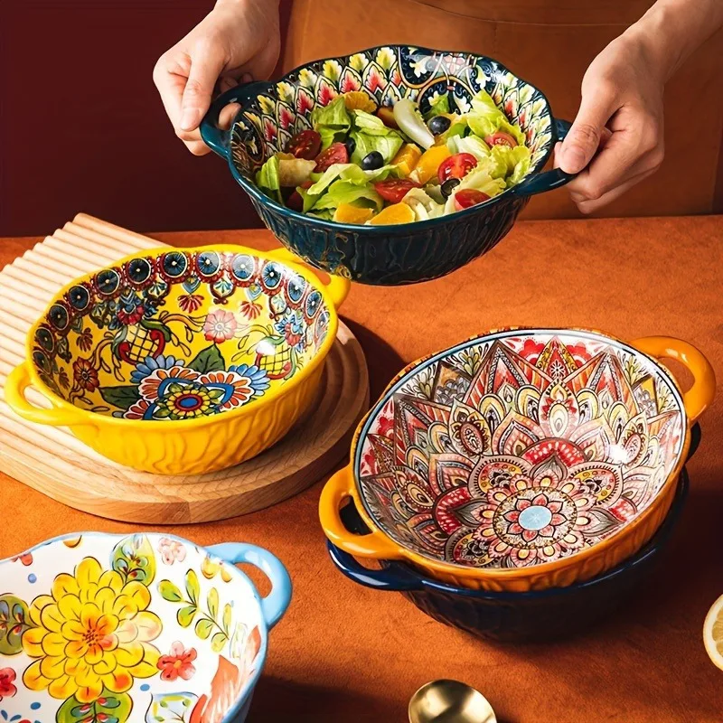 

Bohemian ceramic bowl, large capacity household dishes, round flower shaped bowl for Christmas gifts