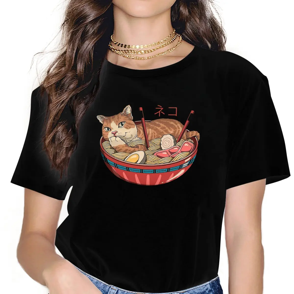 Cat  Classic Women Tshirts The Great Ramen Off Kanagawa Aesthetic Vintage Female Clothing Loose Graphic Clothes