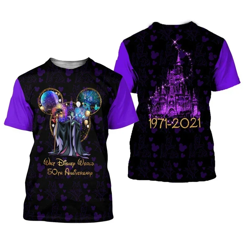 Maleficent Black Neon Purple Glitter Castle Disney 50th Anniversary Unisex Casual T-shirts Outfits Clothing Men Women