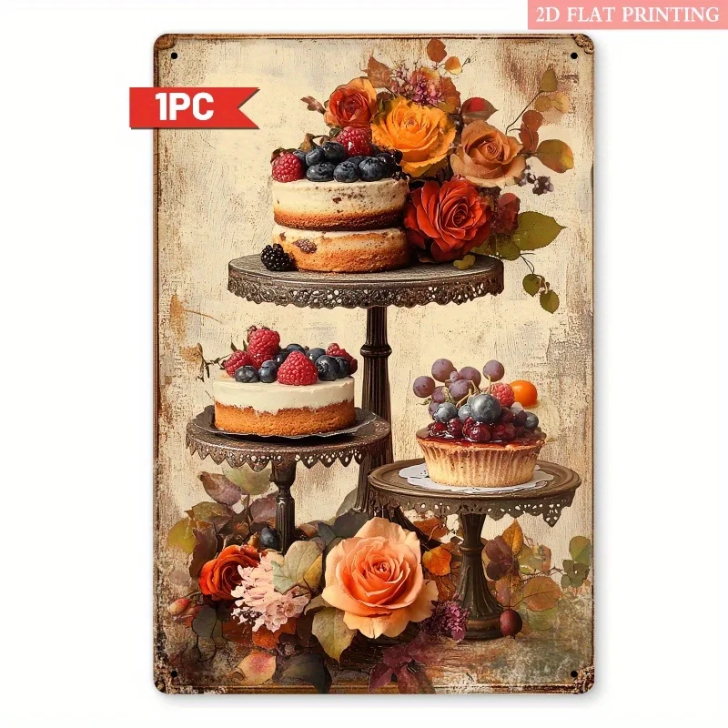 [2D Flat] 1pc Vintage-Inspired Romantic Cake & Rose Metal Wall Art, 8x12 Inch - Elegant Floral Dessert Display with Blueberries