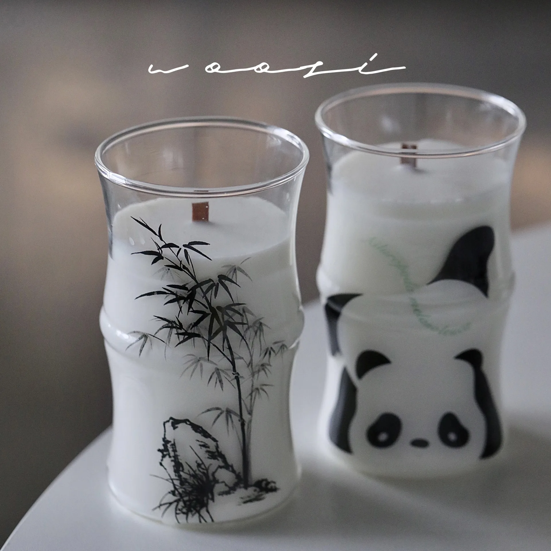 7.8x13cm Chinese-style Cute Panda Bamboo-shaped Glass Candle Cup, Smokeless White Peach Oolong Scented Candle As A Souvenir