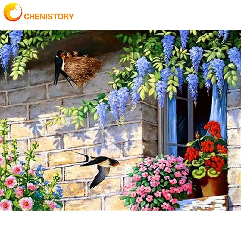 CHENISTORY Diamond Painting With Frame Handmade Window With Flowers Full Diamond Embroidery Cross Stitch Home Decors