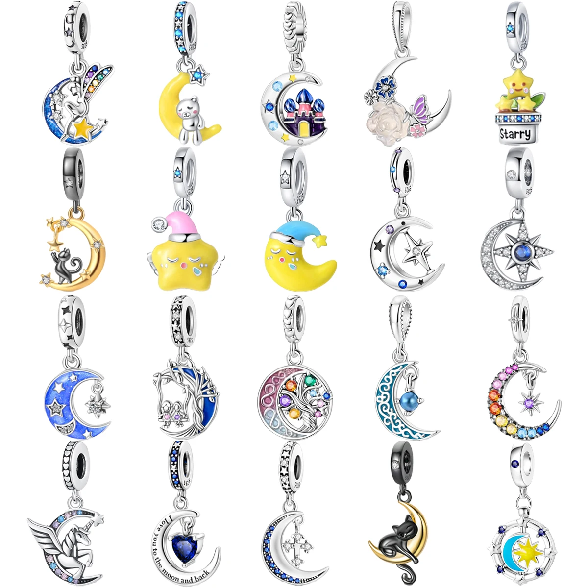 

Original 925 Charms Sterling Silver Moon Stars Bunny Cat Pegasus Pendant for Pandora DIY Bracelet Ladies Jewelry Gift