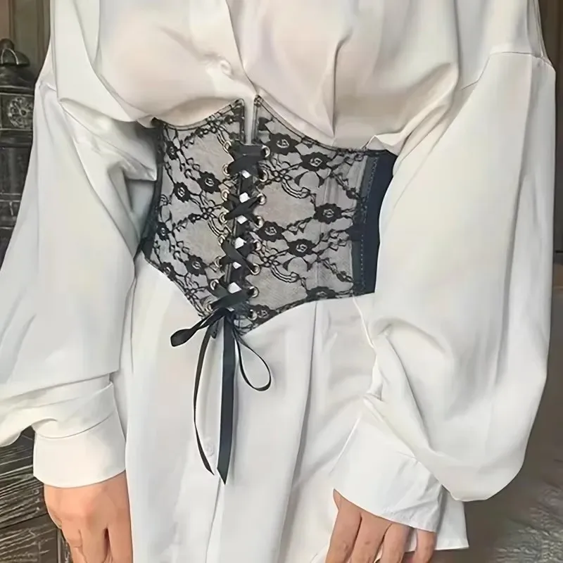 แฟชั่นรุ่นกว้างโปร่งใสลูกไม้เอวเอวซีลเอวผู้หญิงชุดอเนกประสงค์ด้านบนตกแต่งด้วยลูกไม้ยืดหยุ่น wai