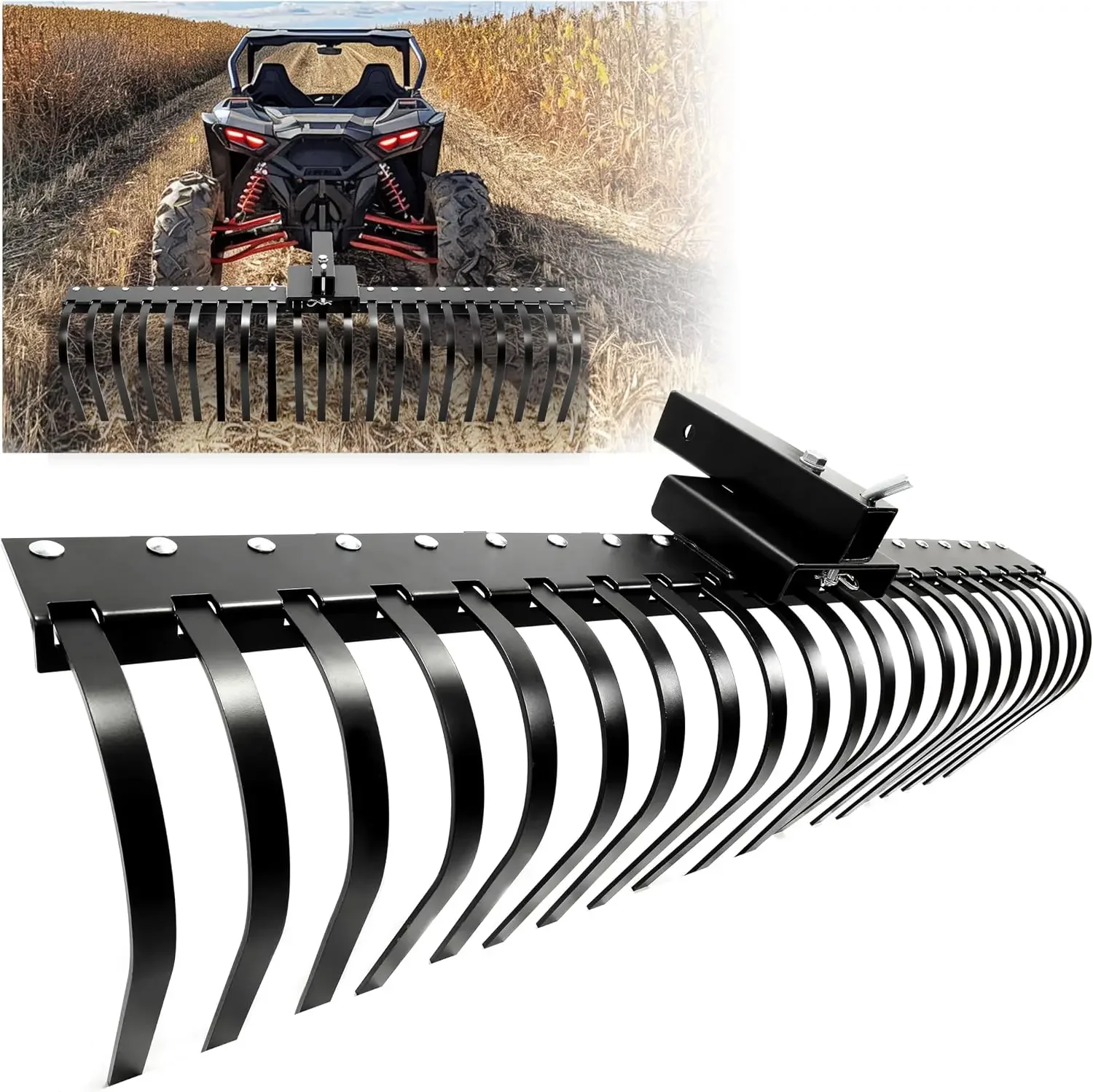 60 Inch Landscape Rake Pine Straw Rake Tractors Rake Fit for 2 Inch Receiver ATV UTV SxS Features 48