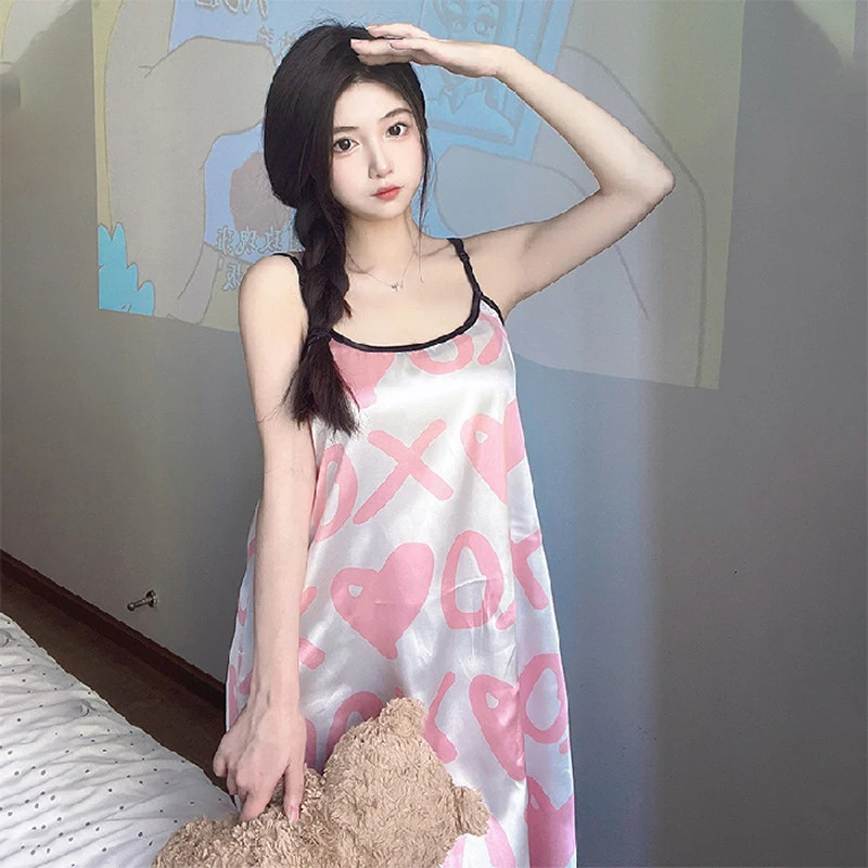New High Quality Summer Ice Silk Women Cute Sling Dress Casual Sleeveless Night Dress Slips Under Dress Sexy Ladies Pajamas