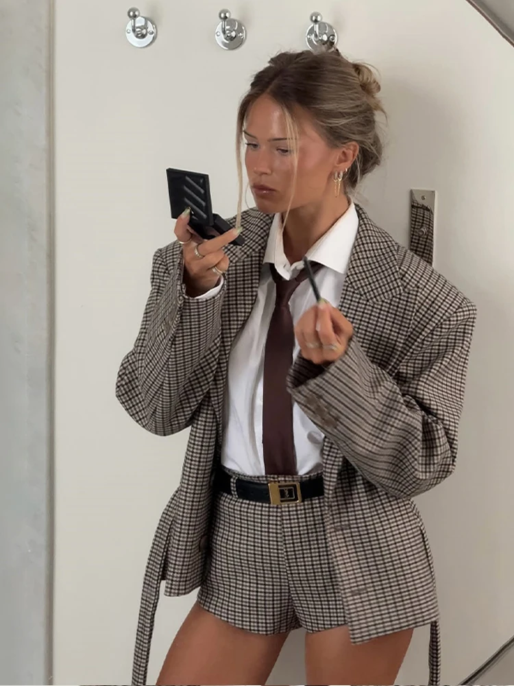 Retro Checked Lapel Jacket Shorts Set Women Full Sleeve Belted Buttons Pockets Blazer Suit 2026 Lady New Commute Street Outfits