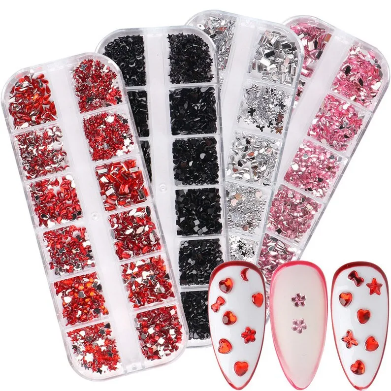 

1Box 3D Nail Art Rhinestones 12Grids Mixed Butterfly Heart Flower Teardrop Shape Diamond Nail Charms DIY Nail Art Decoration