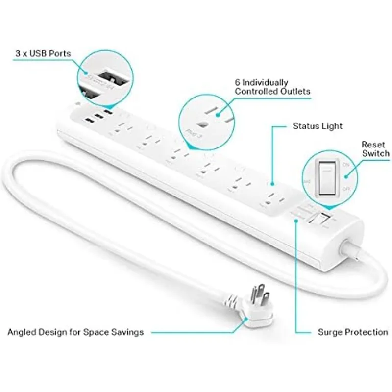 Listwa zasilająca z wtyczką HS300, zabezpieczenie przeciwprzepięciowe z 6 inteligentnymi gniazdami sterowanymi indywidualnie i 3 portami USB, współpracuje z Alexą