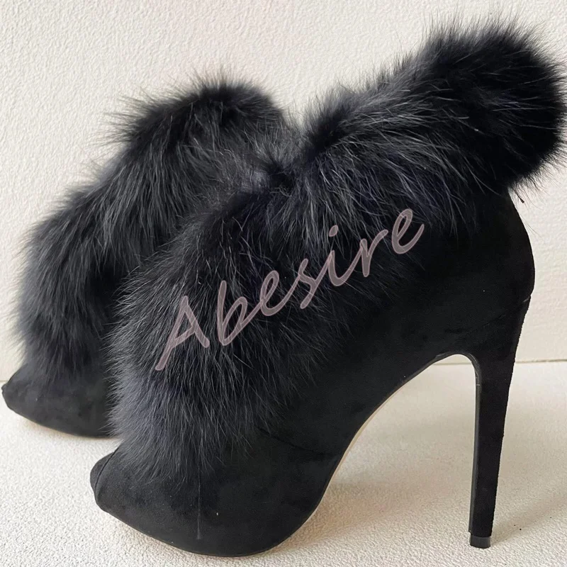 Autumn Suede Open-Toe Bare Boots Original Stiletto Heels Slip-On Furry High Heels Fashion Party Trend Banquet Short Boots 46 view 3