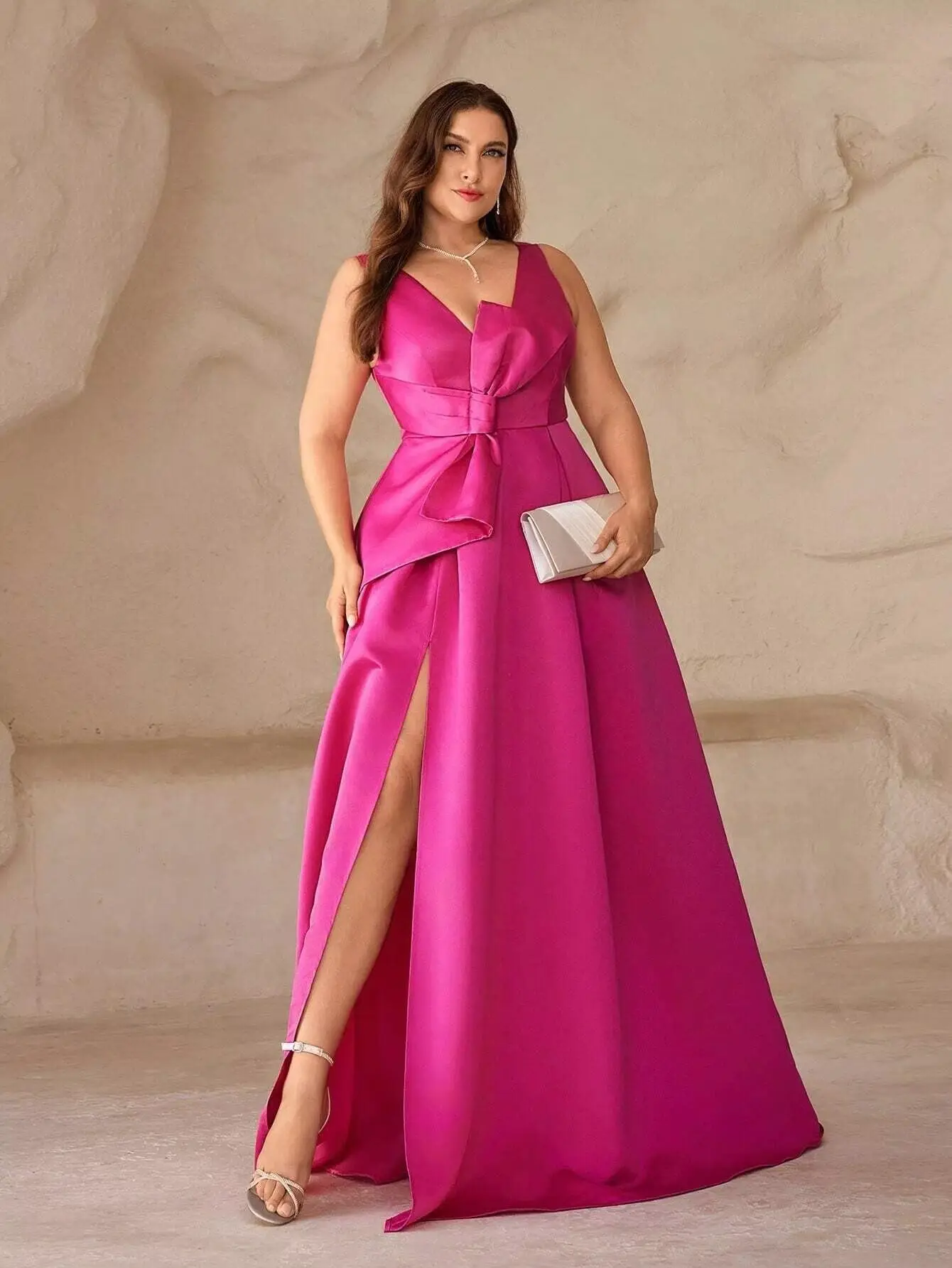 

Plus Size Satin Evening Gown - V - Neck Bow - Accent Maxi Dress with Side Slit