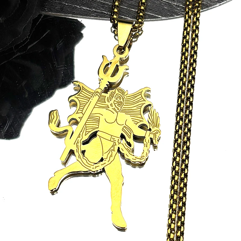 Collar con colgante del diablo occidental para mujeres y hombres, acero inoxidable, Color dorado, Tridente de demonio, grilletes de ala de murciélago, cadena, regalo de joyería