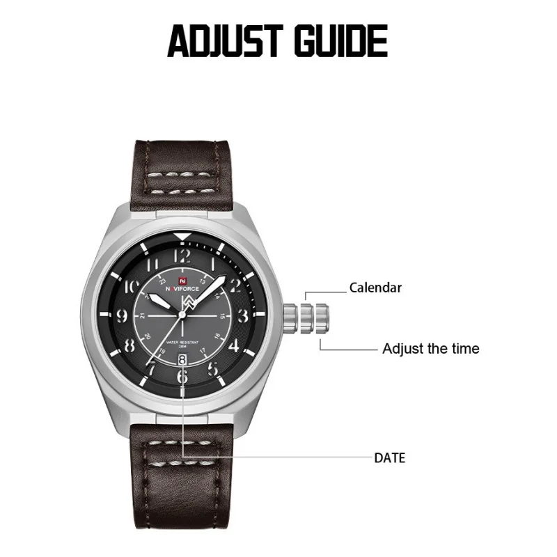 NAVIFORCE Quartz Men's Watch 3ATM Waterproof Hollow Digital Dial Calendar Leather Strap Business Watch Gift Box Package Gifts