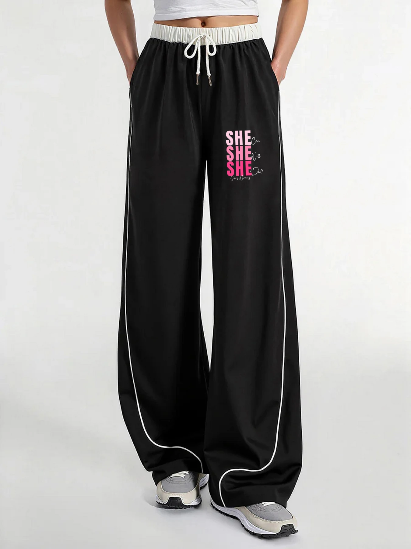 Women's Casual Pants, a Must-Have for Summer, with a Strong Feminine Vibe. She She She Letter Print, Color-Blocked Waist, Wide-Leg Casual Pants with White Side Stripes, Loose Fit with Strong Drape Effect, Slimming and Figure-Flattering. Women's Casual Pants for Summer, Suitable for Daily Wear and Commuting, Women's Fashion