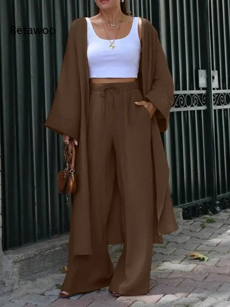 Women Two Piece Outfit Long Open Front Cardigan and Elastic Waist Wide Leg Pants Set Loose Casual Suit for Vacation Daily Wear view 5