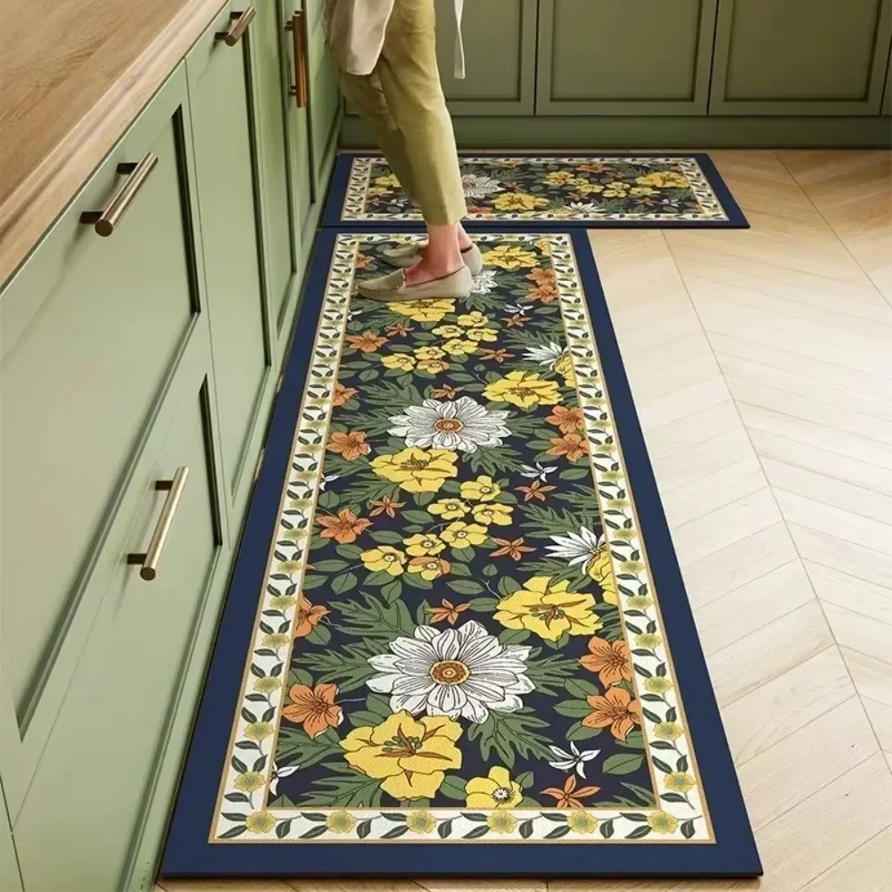 Kitchen Carpet PVC Leather Waterproof Floor Mat Non-slip Oil Proof Foot Mats Long Rug Green Flower Home Decoration Rugs