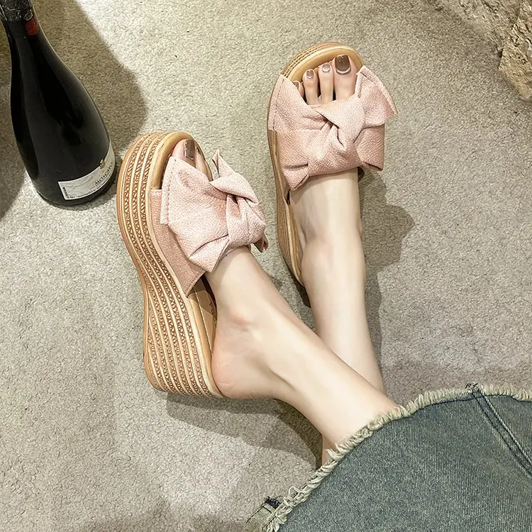 2023 Summer New Platform Wedge Slippers Women\'s Shoes Bow Decorative Clogs Fabric Light Simple Style Sandals Wedges