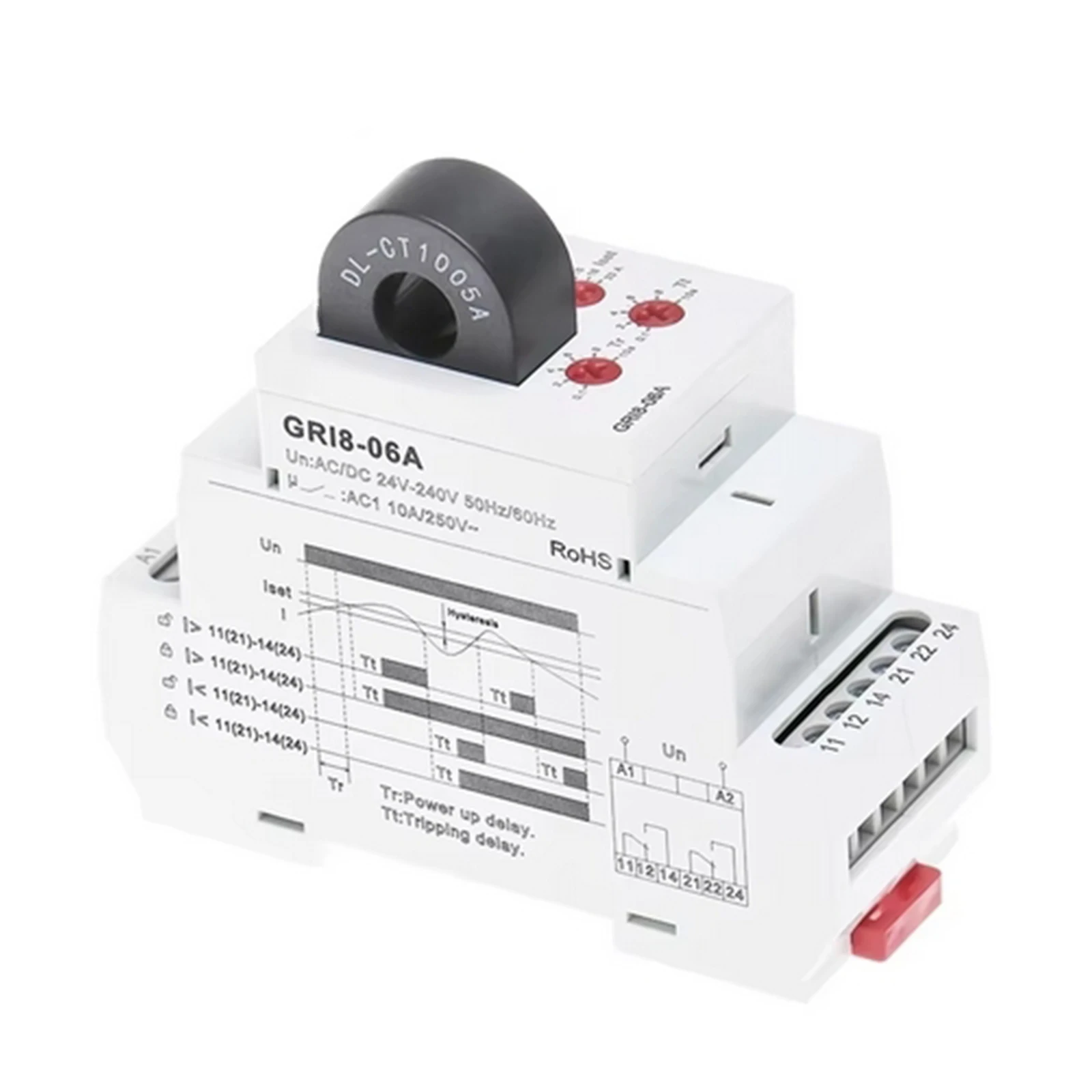 Current Monitoring Relay GRI8-06A for AC Circuits 2A to 20A Range with Dual Changeover Relays and LED Indicators