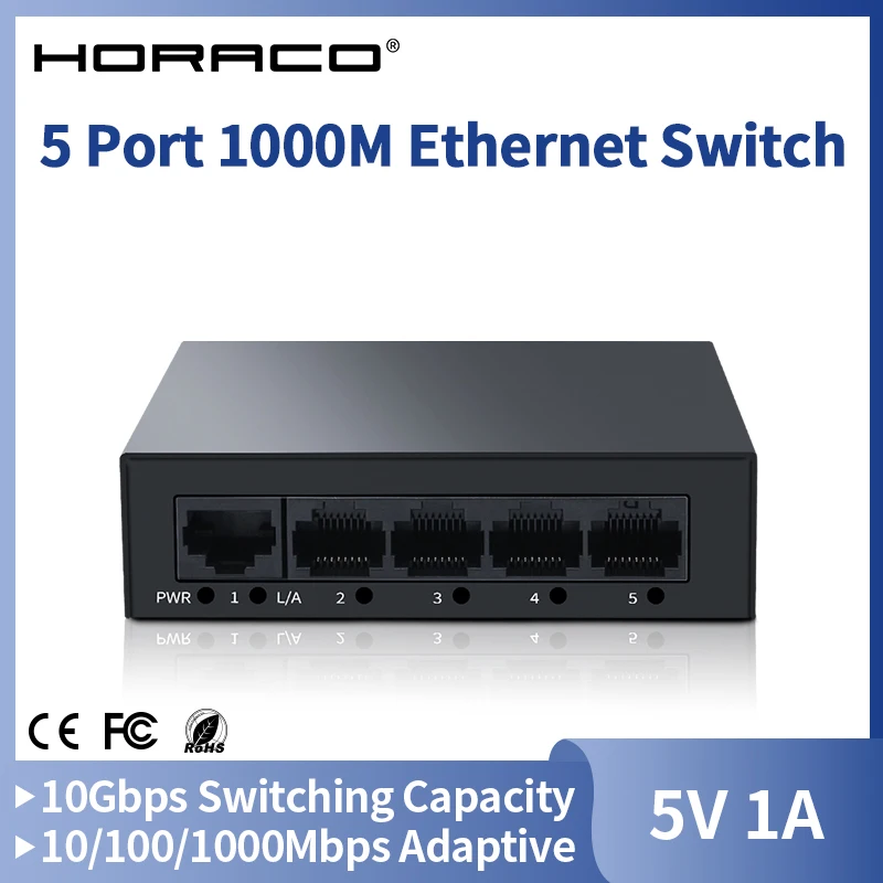 HORACO 5 Port Gigabit Ethernet Switch 1000Mbps Metal Network Fast Switcher for IP Camera Surveillance VoIP Phone Homelab Switch