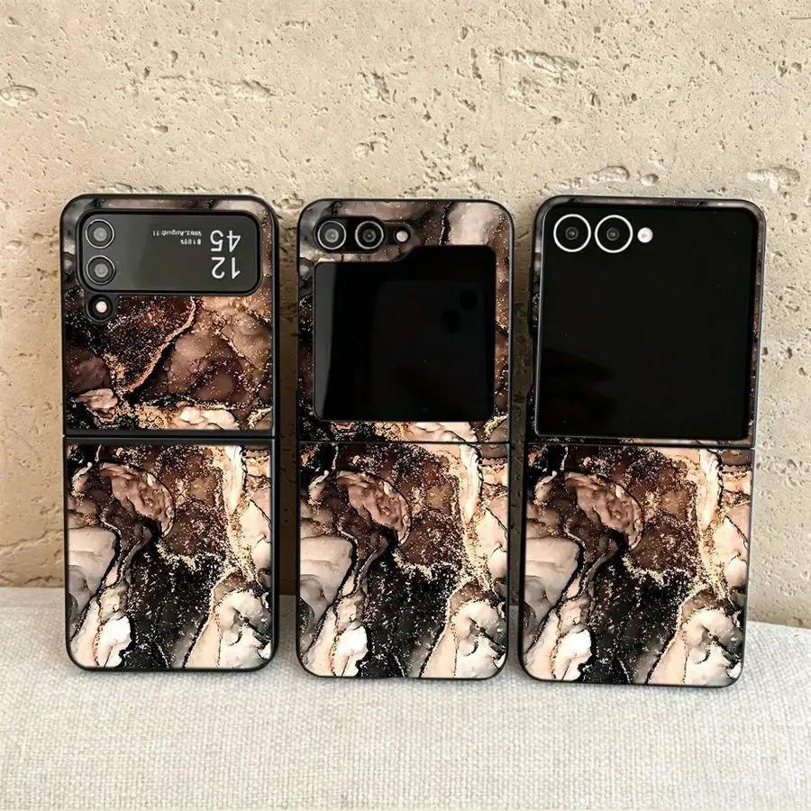 Back Phone Cover Funda Case for Samsung Galaxy Flip4 Flip7 FE Flip5 Flip3 Flip6 Z Flip 7 6 5 4 3 Brown Marble