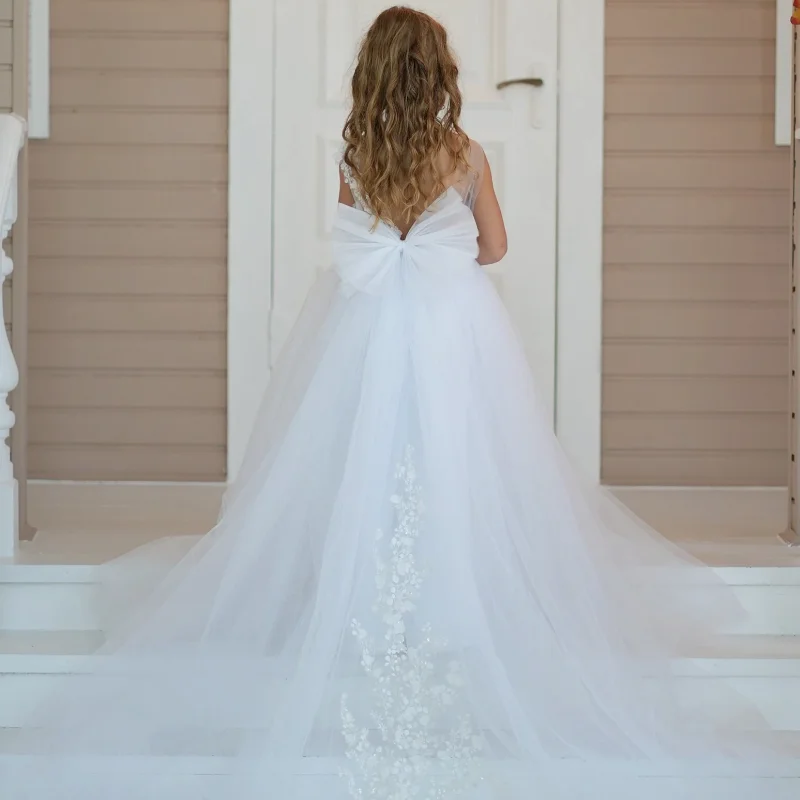 Vestidos blancos de flores para niña, apliques hinchados de tul con lazo sin mangas para boda, fiesta de cumpleaños, primera comunión