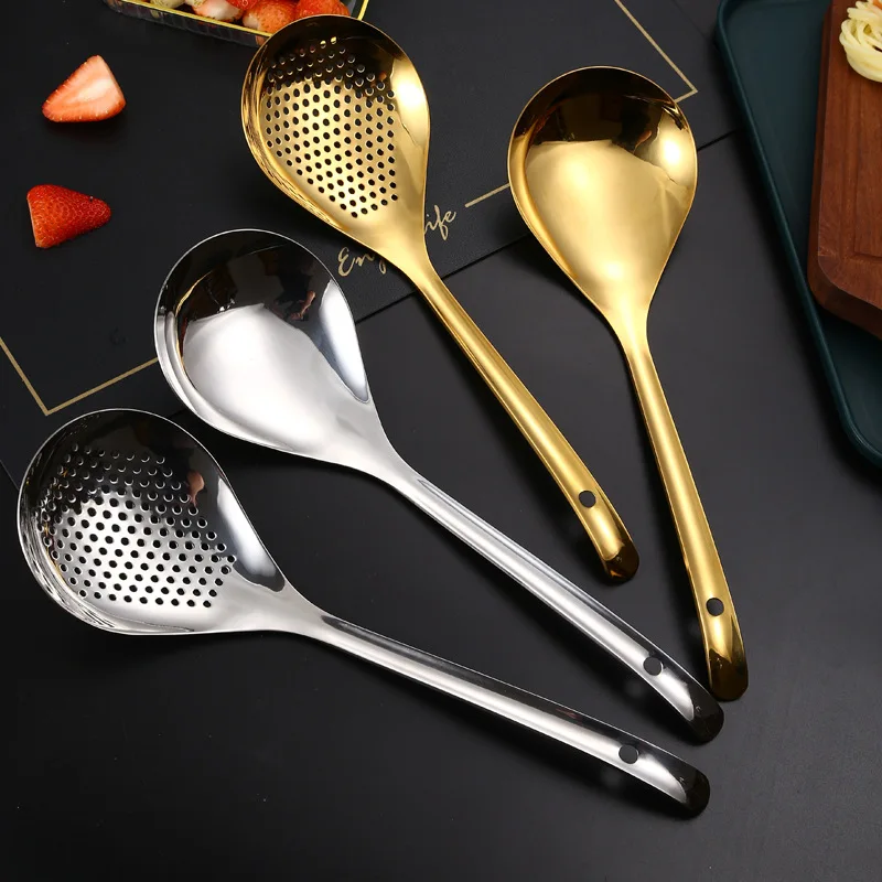 Golden 304 Stainless Steel Soup Spoons Colander Enlarged Spoon Head Food Filter Long Handle Skimmer Pasta Strainer for Kitchen