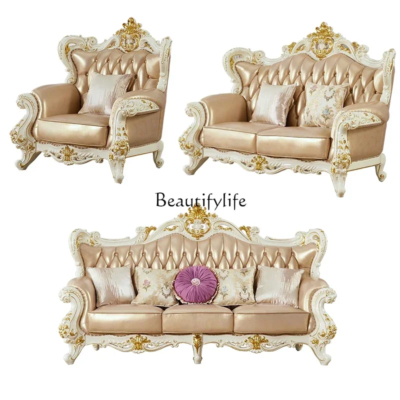 

European sofa leather all solid wood American high-end villa large luxury double-sided engraving