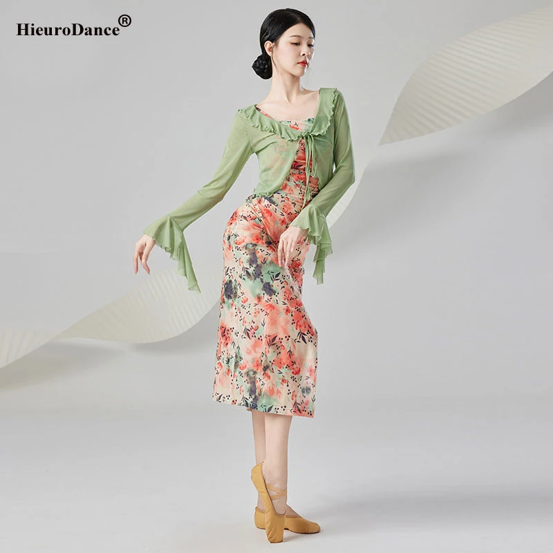 Tradycyjny chiński kostium taneczny Vintage Mesh Qipao Cheongsam Dress Stage Performance Practice Ancient Folk Dance Dress