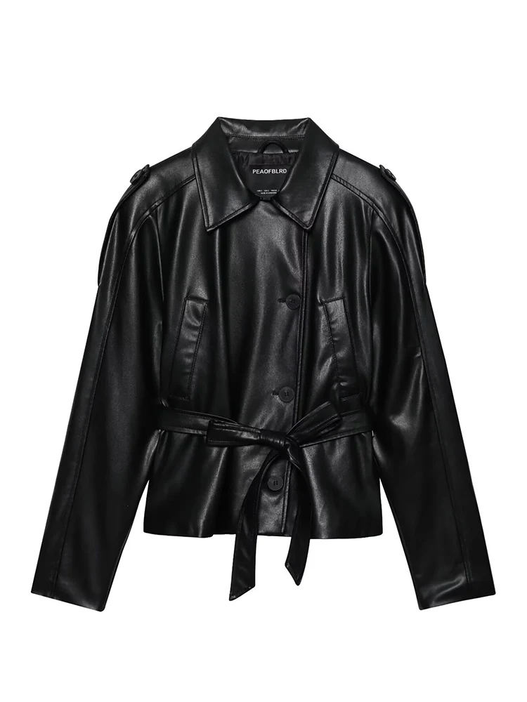 Damska kurtka skórzana vintage 2025 jesień zima nowa moda długi rękaw zamek błyskawiczny z paskiem kurtki damskie styl high street płaszcz rekreacyjny