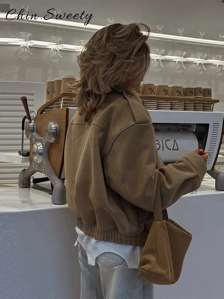 Chaqueta Bomber de ante con una hilera de botones para mujer, abrigo holgado con solapa y bolsillos de manga larga, prendas de vestir elegantes para ir al trabajo para otoño 2025