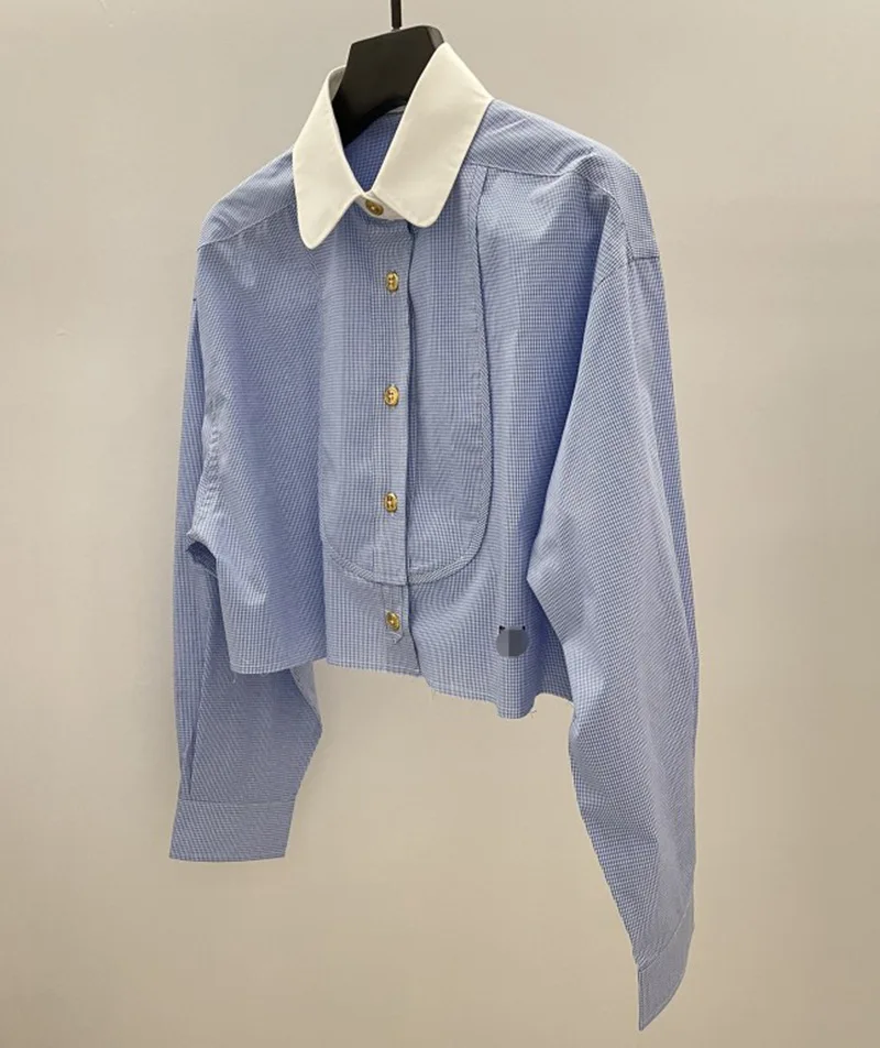 

Новая свободная рубашка с цветовыми блоками Pure And Fresh Spring, укороченная, с высоким воротником