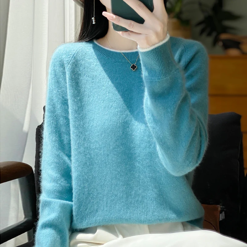 Women's Sweater 100% Wool Round Neck Knitted Pullover Autumn/Winter New Contrasting Color Basic Style Base Layer Tops Versatile