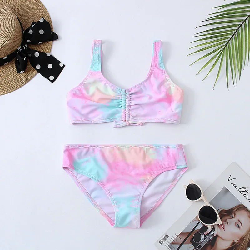6-15 Years Floral Girl Swimsuit Kids Ruffle Two Piece Children's Swimwear Tie Side Teenagers Bikini Set Bathing Suits Beachwear