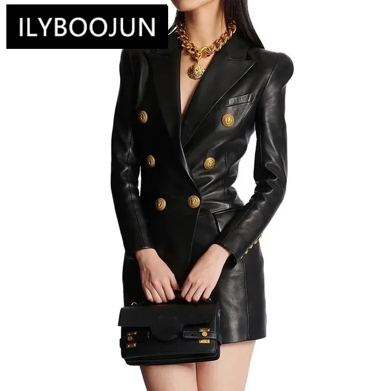 

ILYBOOJUN Newest Fashion 2024 Designer Women's Lion Metal Buttons Faux Leather Blazer Dress