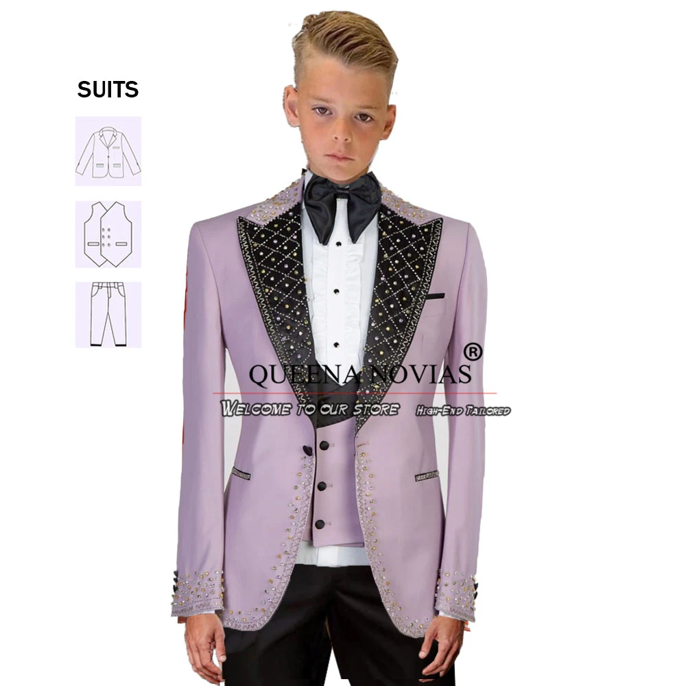 Boy's Attire Suits Luxury Jewelry Ornament Kids Dress Black Lapel Jacket Vest Pants 3 Pcs Children Tuxedo Costume Mariage Garçon