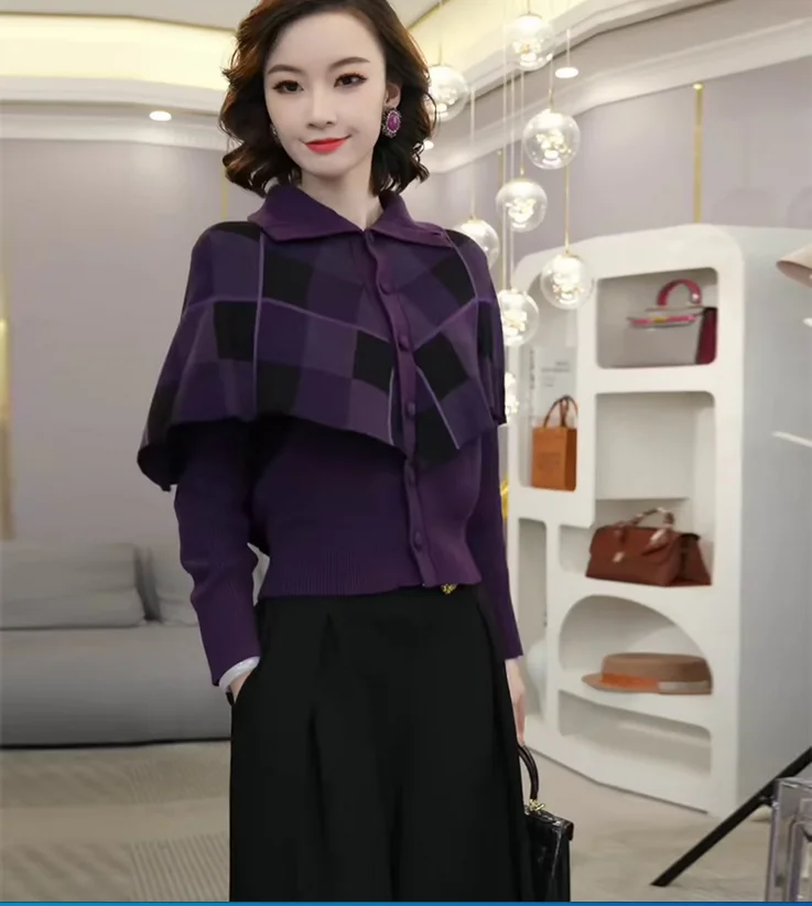 Purple Plaid Fake Two Piece Knitted Autumn Dress Lazy Style Women's Sweater