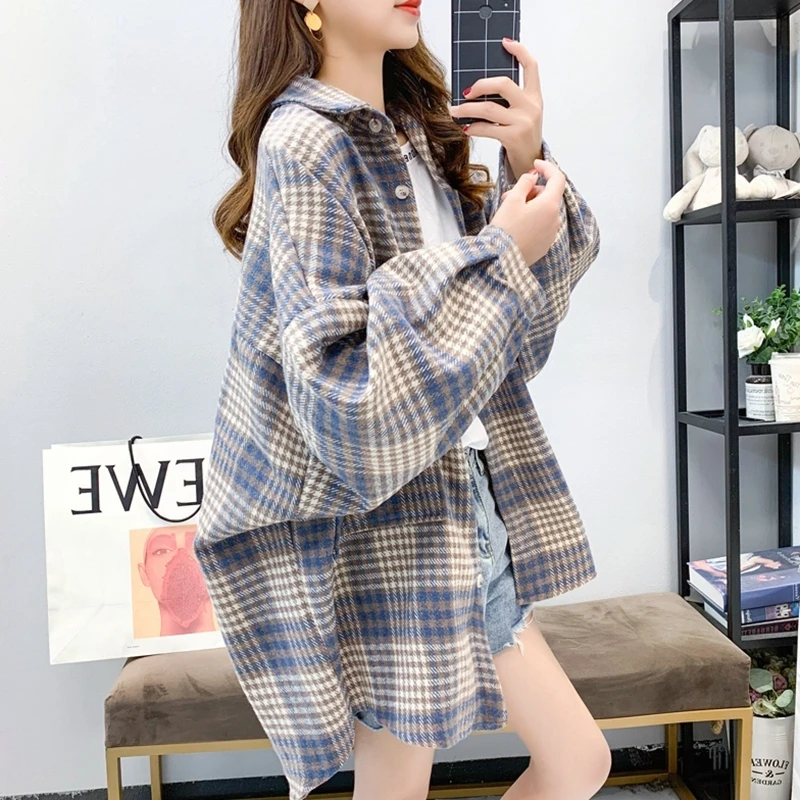 

Синяя клетчатая свободная женская рубашка в корейском стиле для повседневной носки, с эффектом окрашивания, на пуговицах, с длинными рукавами, утолщенная, с воротником