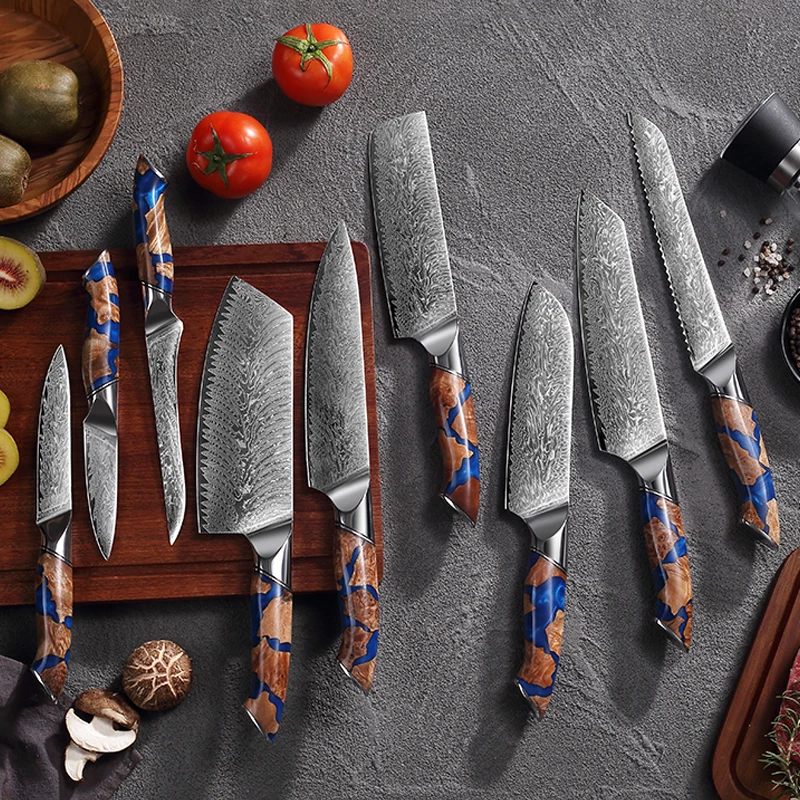 TJ POP Küchenmesser 9-teiliges Set Pro Kochmesser Damaststahl Blaues Harz Stabilisierter Holzgriff Utility Cleaver Santoku Messer
