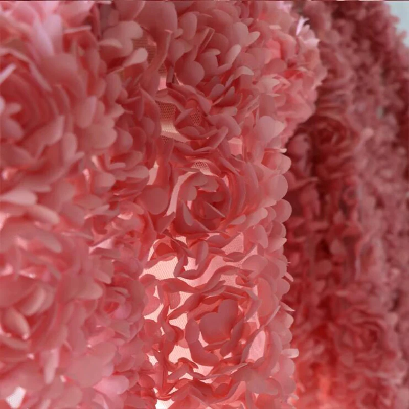 Good  Rose Color Encrypted 3D Flower Chiffon Fabric Pleated Lace Mesh Designer Fabric Sewing Material Diy Women's Wedding Dress