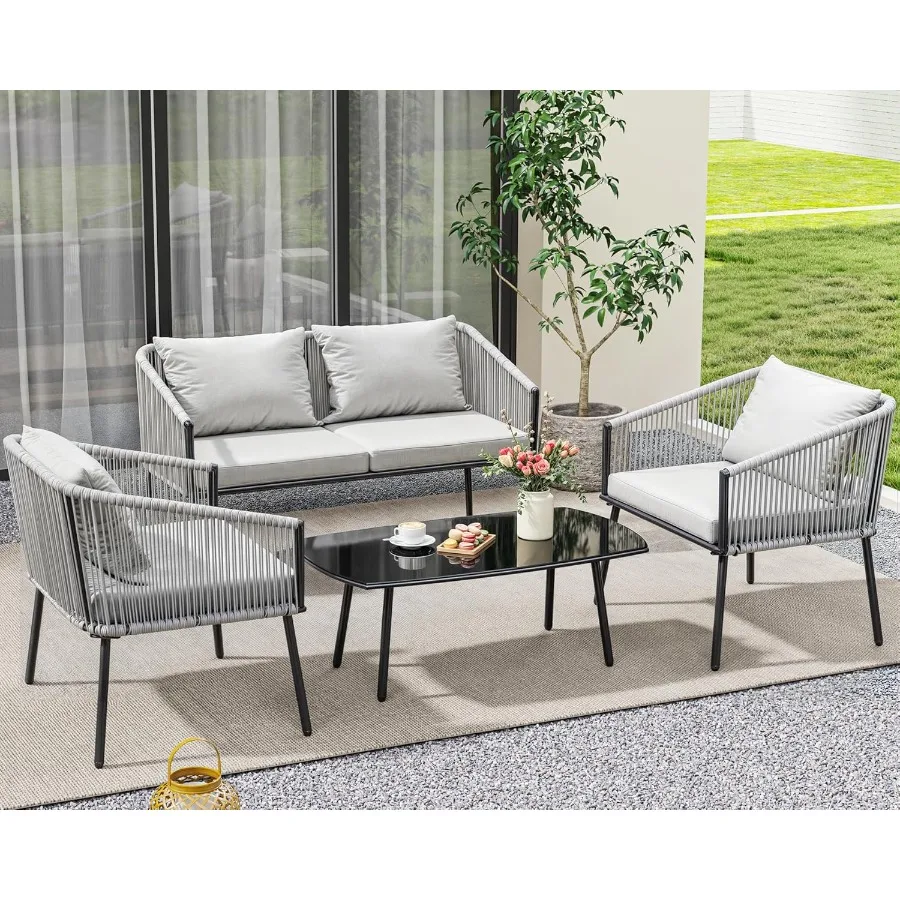 Ensemble de bistro de meubles de patio extérieur 4 pièces avec causeuse à double corde grise AllWeather et table en métal pour terrasse de balcon d'arrière-cour F