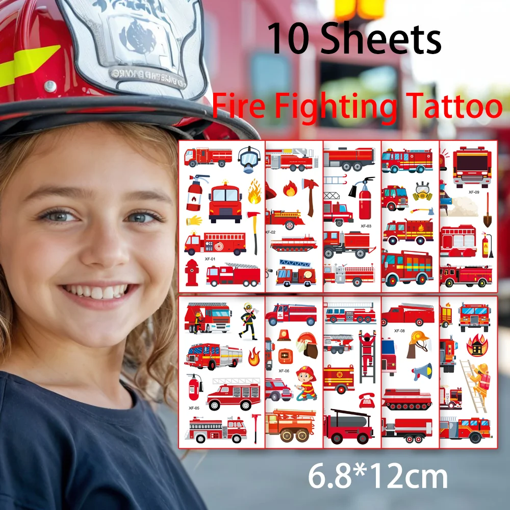 10 Sheets Cartoon Firefighter Theme Temporary Tattoo Fire Truck Face Body Sticker for Kids Boy Birthday Baby Shower Party Decor